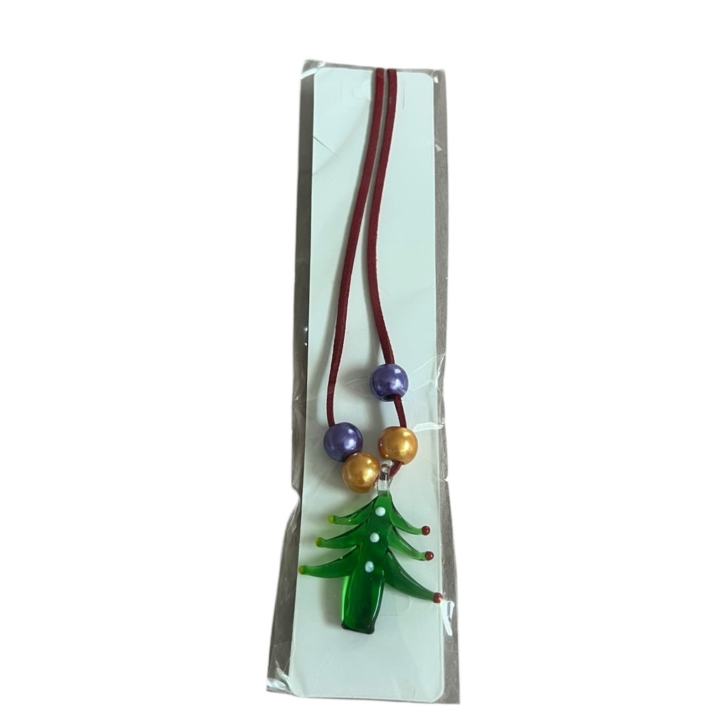 Green Glass Christmas Tree Necklace with Purple & Gold Beads